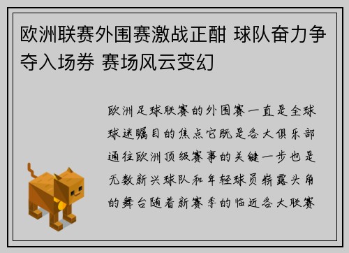 欧洲联赛外围赛激战正酣 球队奋力争夺入场券 赛场风云变幻